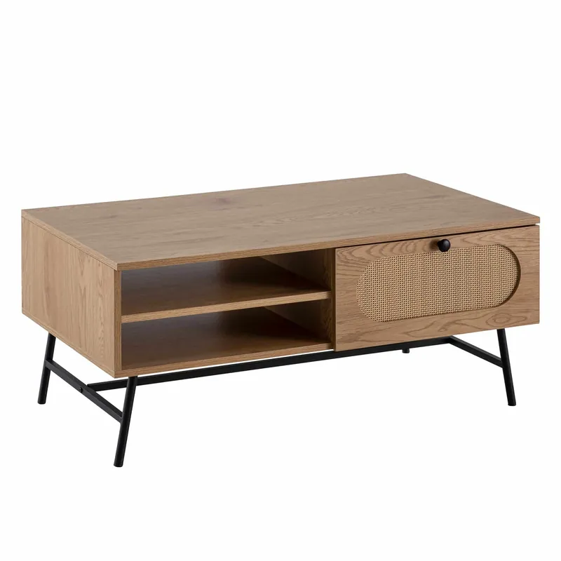 Couchtisch 100x60x45 cm Wohnzimmertisch mit Eiche-Dekor & Rattan Markenprodukt