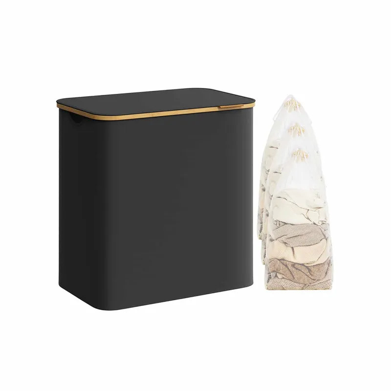 Garantierte Lieferung Wäschekorb 3 Fächer mit Griffen aus Bambus tintenschwarz