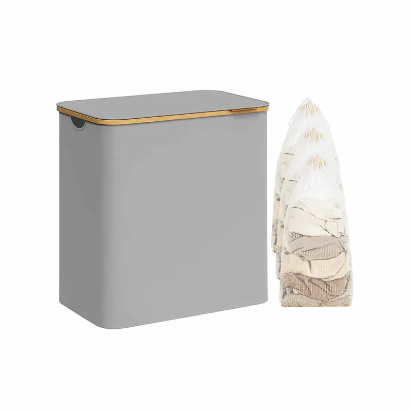 Wäschekorb 3 Fächer mit Griffen aus Bambus taubengrau Beliebt