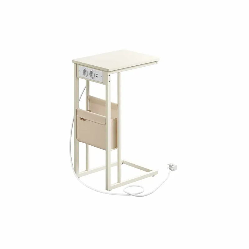 Beistelltisch C-Form mit 2 AC-Steckdosen cremeweiß Abverkauf