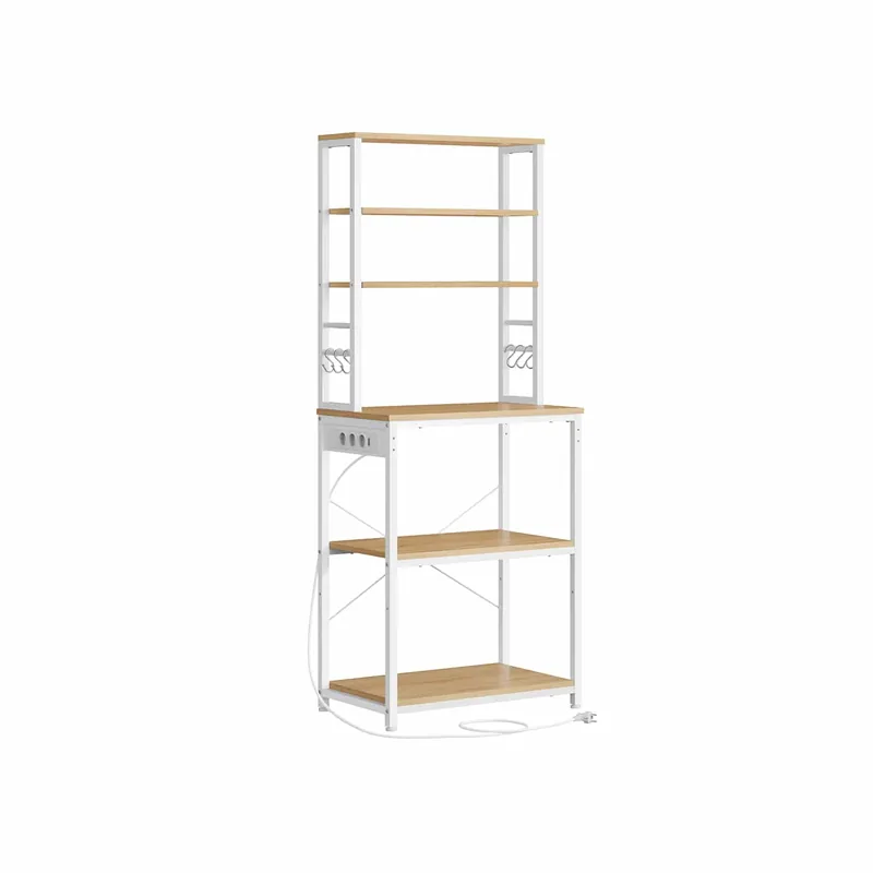 VASAGLE Küchenregal mit Steckdosen, verstellbaren Ablagen und Haken – 60×40×167 cm, Goldeiche-Wolkenweiß Letzte Chance