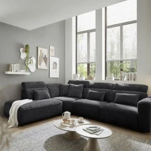 Neue Kollektion Ecksofa Mansfield Farbe black mit 5-fach verstellbaren Kopflehnen und Mikrofaser-Chenille-Bezug – ED Exciting Design