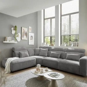 Abverkauf Ecksofa Mansfield Farbe grey mit 5-fach verstellbaren Kopflehnen und Mikrofaser-Chenille-Bezug – ED Exciting Design