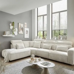 Ecksofa Mansfield ivory mit 5-fach verstellbaren Kopflehnen und Mikrofaser-Chenille-Bezug – ED Exciting Design Neue Ware