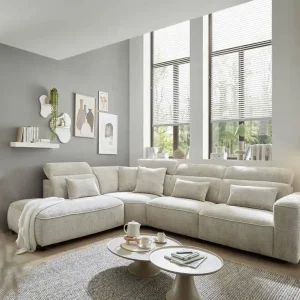Ecksofa Mansfield Farbe taupe mit 5-fach verstellbaren Kopflehnen und Mikrofaser-Chenille-Bezug – ED Exciting Design Sale