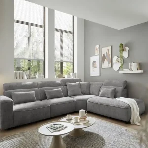 Ecksofa Mansfield Farbe grey mit 5-fach verstellbaren Kopflehnen und Mikrofaser-Chenille-Bezug – ED Exciting Design Meistverkauft