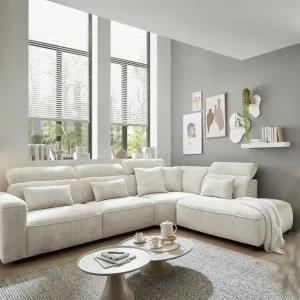 Ecksofa Mansfield Farbe ivory mit 5-fach verstellbaren Kopflehnen und Mikrofaser-Chenille-Bezug – ED Exciting Design Letzte Chance