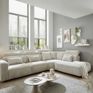 Ecksofa Mansfield Farbe taupe mit 5-fach verstellbaren Kopflehnen und Mikrofaser-Chenille-Bezug – ED Exciting Design Preis Gesenkt