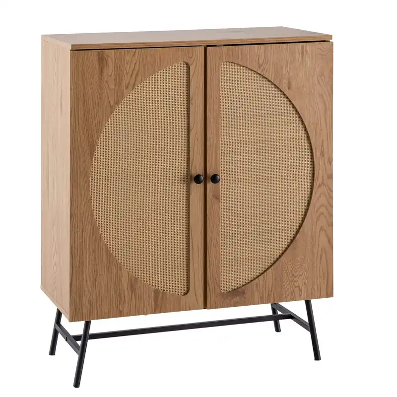 Sideboard 80x103x39 cm Highboard Eiche-Dekor mit Rattan Geflecht Modern Begrenztes Angebot