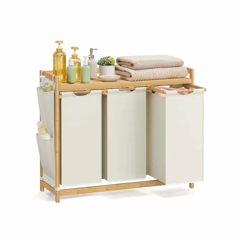 Schneller Versand Wäschekorb 3 Fächer 3 x 50 L 94 x 33 x 78 cm cremeweiß