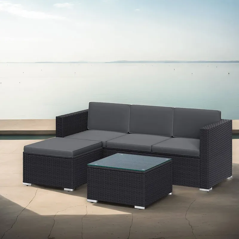 Gartenmöbel-Set, Terrassenmöbel aus PE-Polyrattan, Balkonmöbel mit Kissen und Glastisch Preis Gesenkt