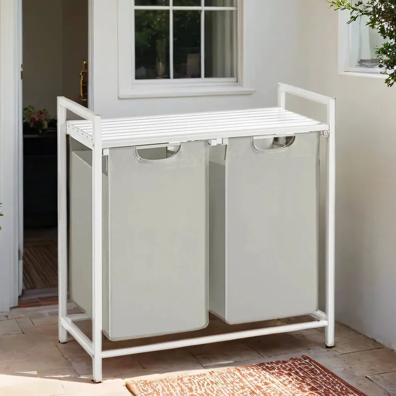 Wäschekorb 2 Fächer, Wäschesammler mit Ablage, Wäschebox Expressversand