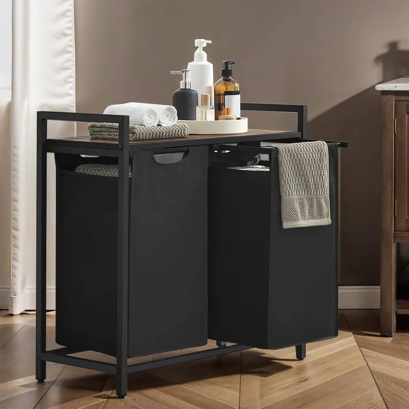 Wäschekorb 2 Fächer, Wäschesammler mit Ablage, Wäschebox Highlight