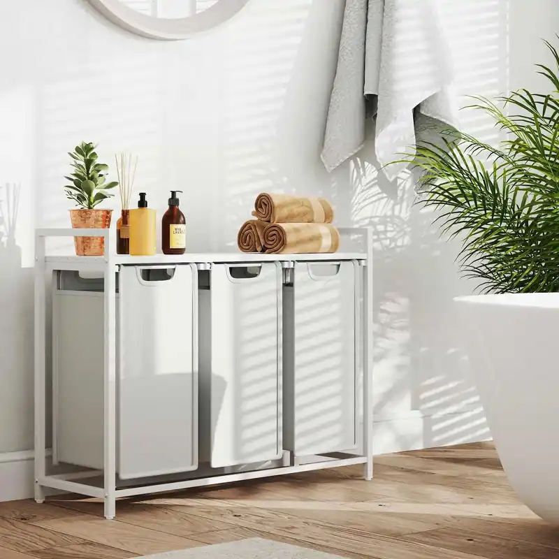 Wäschekorb 3 Fächer, Wäschesammler mit Ablage, Wäschebox Neu