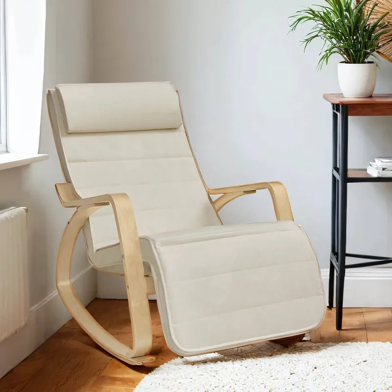 Heißes Angebot Schaukelstuhl LYYB3510 – Birke & Stoff Grau-Beige 67×115×91 cm