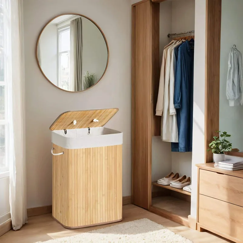 Wäschekorb mit Deckel, 72 L, Wäschesammler aus Bambus Wochenendangebot