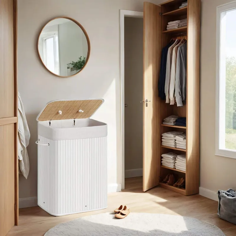 Wäschekorb mit Deckel, 72 L, Wäschesammler aus Bambus Markenprodukt