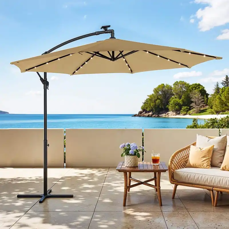 Geprüft Sonnenschirm mit LED-Solar-Beleuchtung, Ampelschirm 300 cm d, 32 LED-Lämpchen