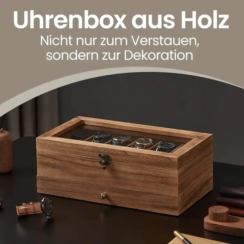 Uhrenbox mit 12 Fächern, Uhrenkasten aus Massivholz, mit Glasdeckel Kostenfreie Lieferung