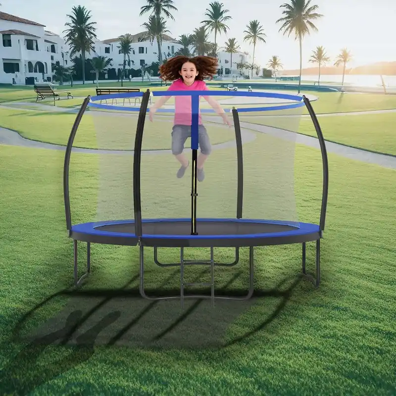 Trampolin 366 cm d, Gartentrampolin mit Sicherheitsnetz, 180 cm hohe gebogene Stangen Preisreduziert