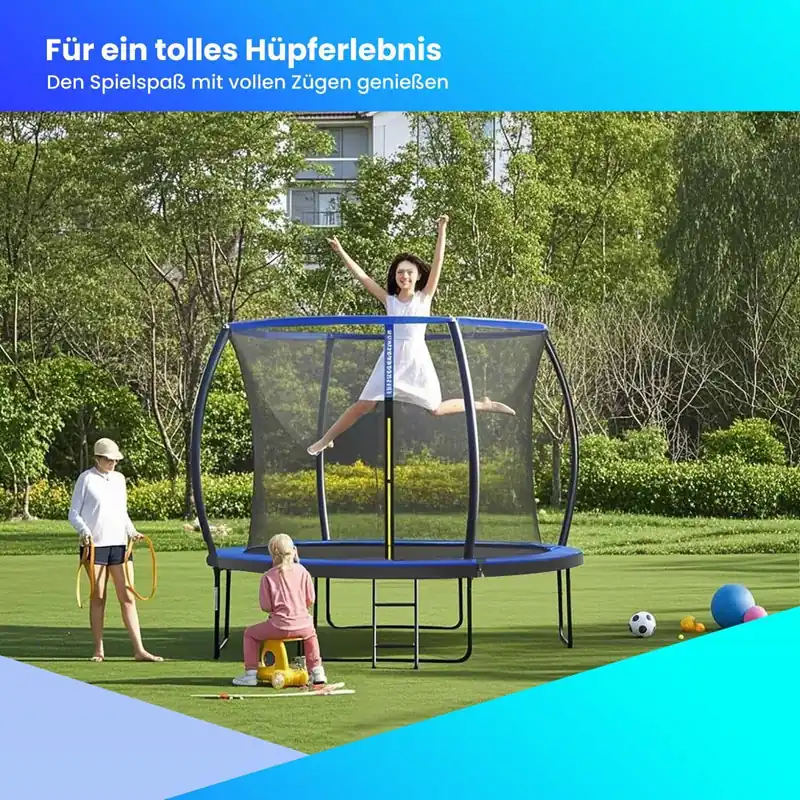 Jetzt Bestellen Trampolin 305 cm d, Gartentrampolin mit Sicherheitsnetz, 180 cm hohe gebogene Stangen