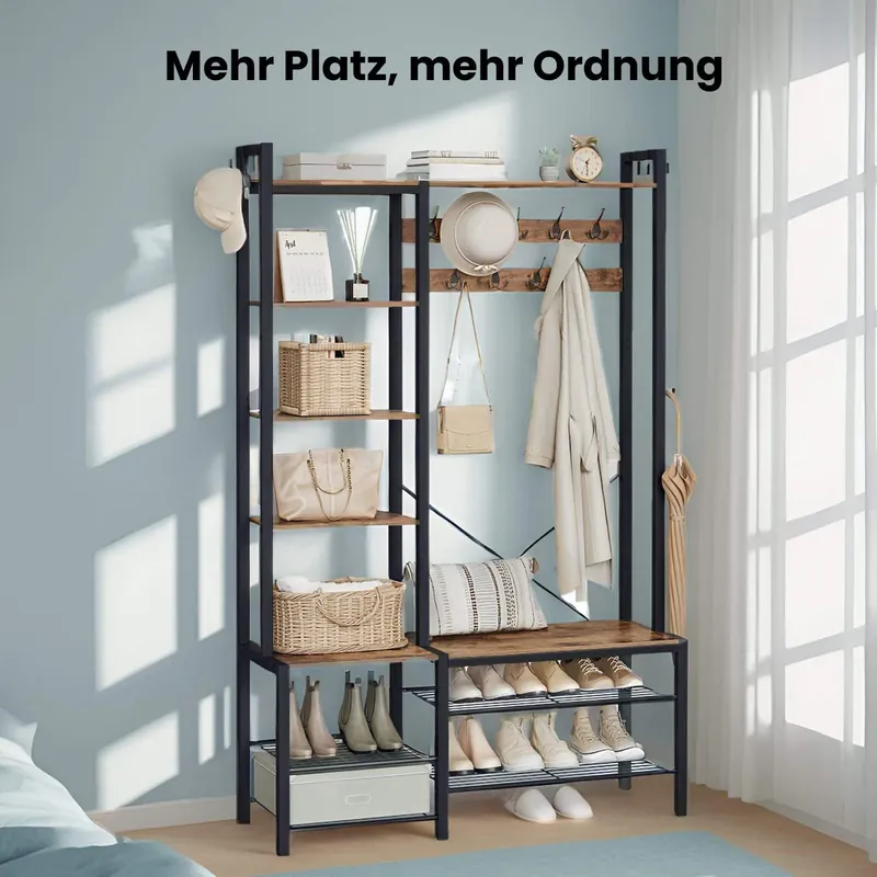 Finale Aktion Garderobenständer mit Schuhbank, Garderobe, 5 Regalebenen aus Spanplatten