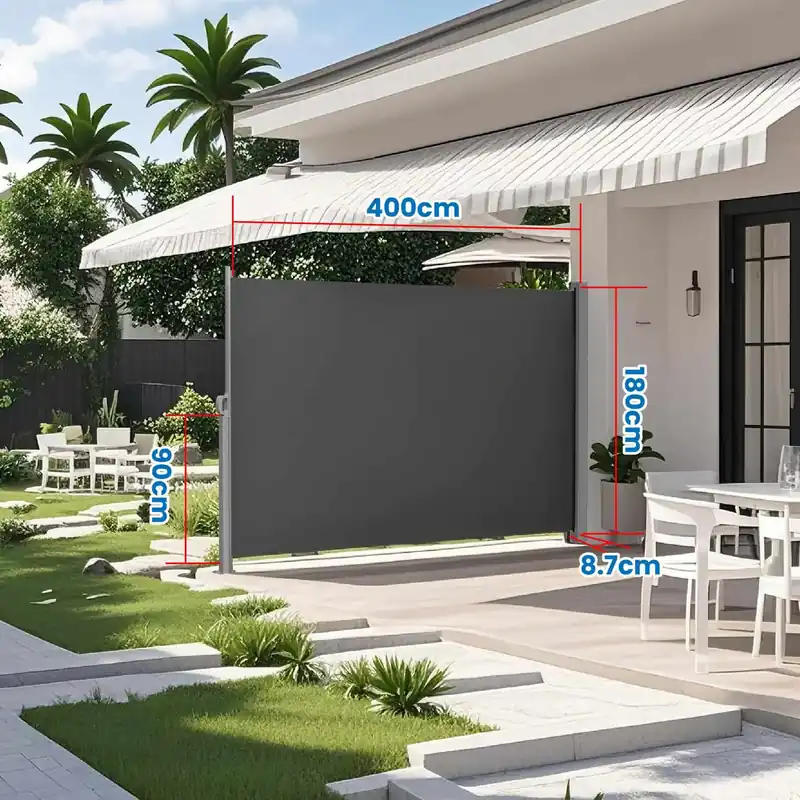 Geprüft Seitenmarkise mit Stahl-Kasten, rostbeständig, ausziehbar