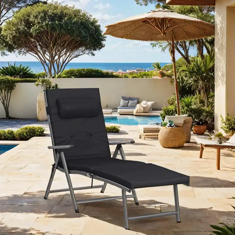 Preis Gesenkt Klappbare Sonnenliege mit 6 cm dicker Matratze, Gartenstuhl, abnehmbares Kissen