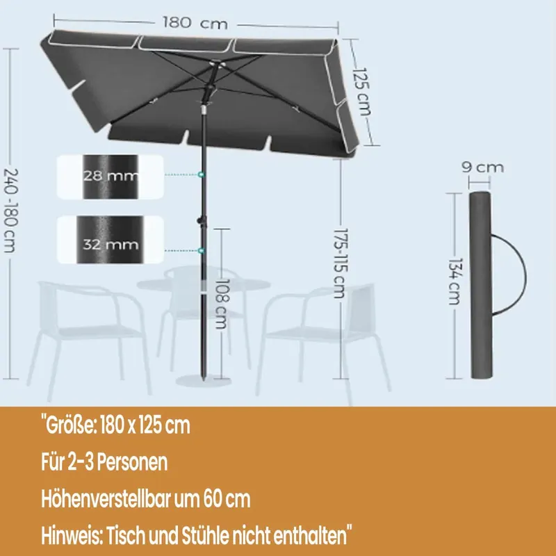 Markenprodukt Sonnenschirm 180 x 125 cm, Balkonschirm UPF 50+, Sonnenschutz