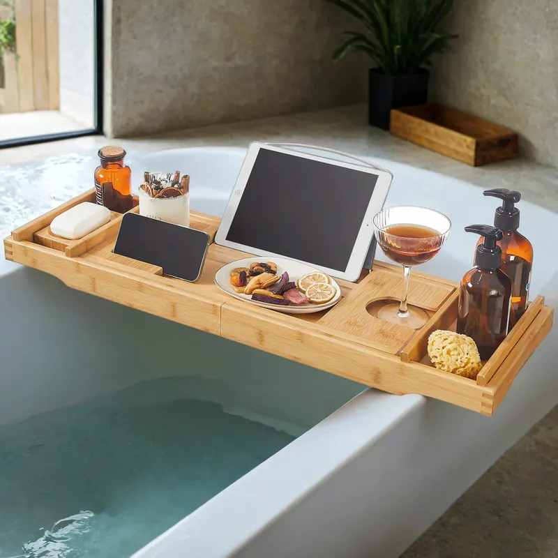 Ausziehbare Badewannenablage aus Bambus verstellbares Badewannenbrett Badewannen Ablagen, mit Getränkehalter, Buchstütze Solange Der Vorrat Reicht