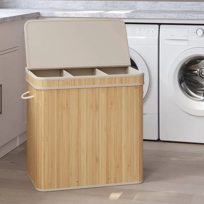 Wäschekorb mit Deckel, Wäschesammler Bambus, Wäschesack mit Griffen herausnehmbar und maschinenwaschbar Preisknaller