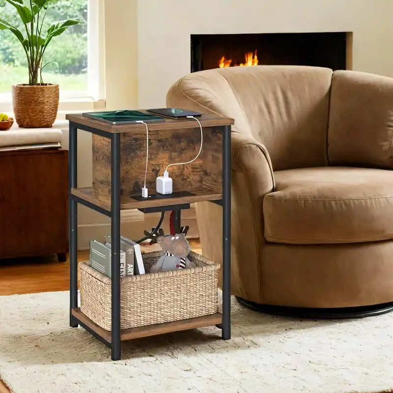 Beistelltisch, Kleiner Nachttisch mit Steckdosenleiste, schmal Saisonangebot