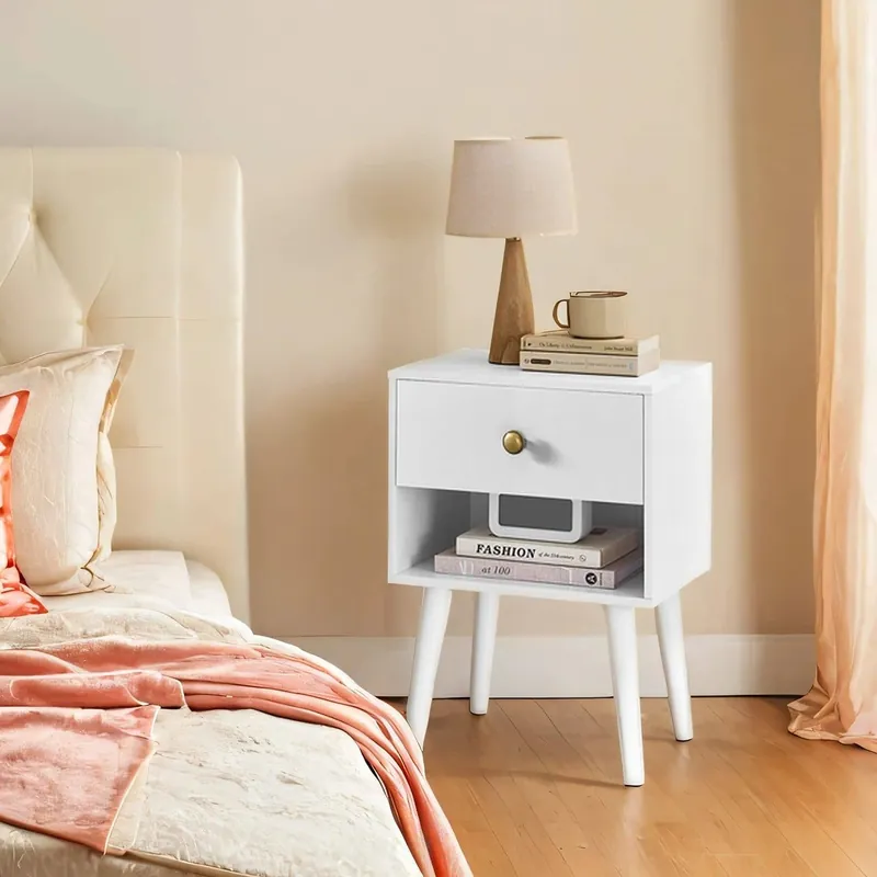 Wochenendangebot Nachttisch, Beistelltisch mit Schublade und offener Ablage, Holzbeine