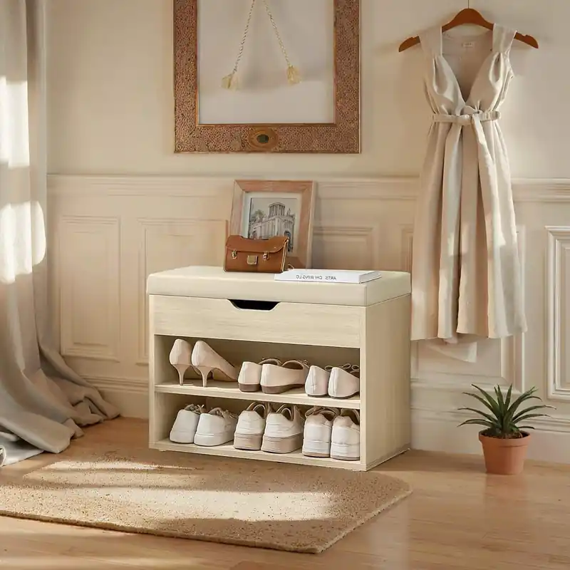 Schuhbank mit 3 Ebenen, Sitzbank, Schuhregal mit Kissen Schneller Versand