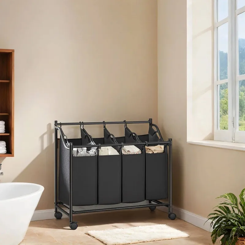 Abverkauf Wäschekorb mit Rollen, 4 x 35 L, Wäschesammler mit 4 abnehmbaren Wäschesäcken