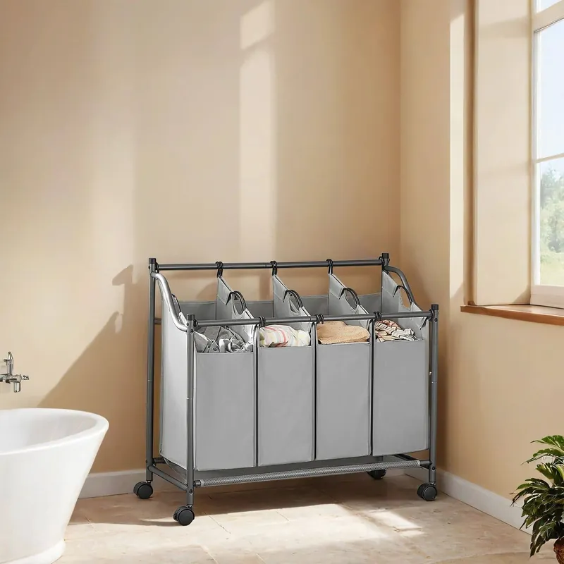 Neuheit Wäschekorb mit Rollen, 4 x 35 L, Wäschesammler mit 4 abnehmbaren Wäschesäcken