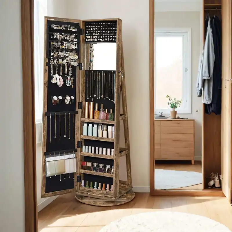 Billig Schmuckschrank mit Spiegel, 360° drehbarer Spiegelschrank, abschließbar