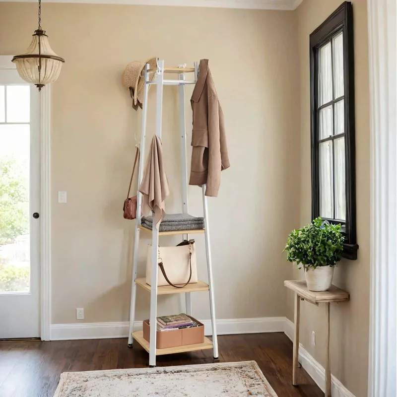 Garantierte Lieferung Garderobenständer, Kleiderständer, Garderobe mit 4 Ablagen