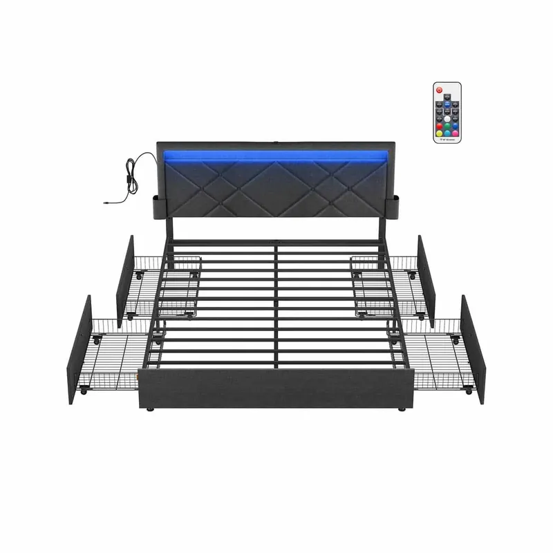 Doppelbettgestell 160 x 200 cm mit LED und 4 Schubladen und Ladestation Sonderangebot