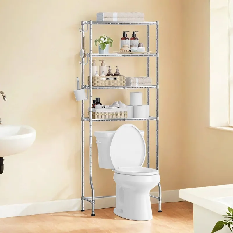 4-stöckiges Toilettenregal mit Ablagen Haken taubengrau Bestpreis