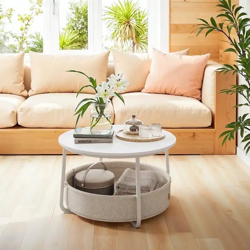 Sonderangebot Couchtisch mit Korb aus Stoff mattweiß-kamelbraun