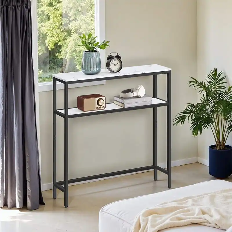 schmaler Sofatisch mit 2 Ablagen marmorweiß-tintenschwarz Saisonangebot