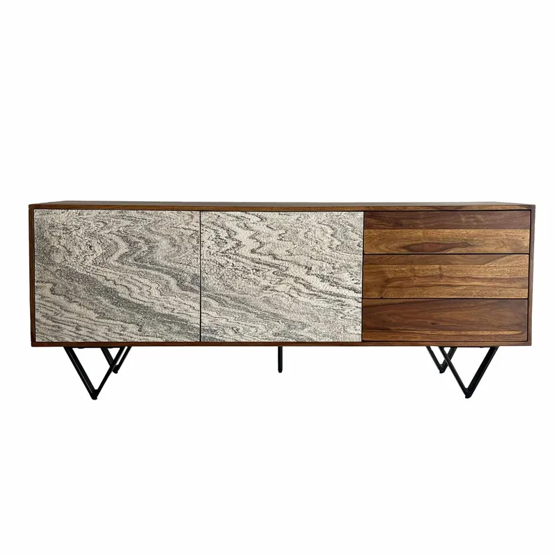 Sideboard 175x71x40 cm Sheesham Massivholz Kommode mit Steinoptik Weiß Expressversand