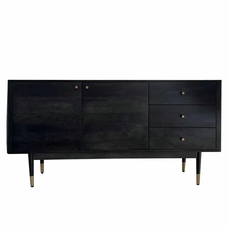 Sideboard 160x81x42 cm Akazie Massivholz Kommode Schwarz Schneller Versand