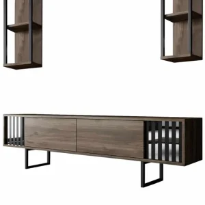 Chrome Line - Walnuss, schwarz - TV Lowboard mit zwei Regalen Neu Im Sortiment