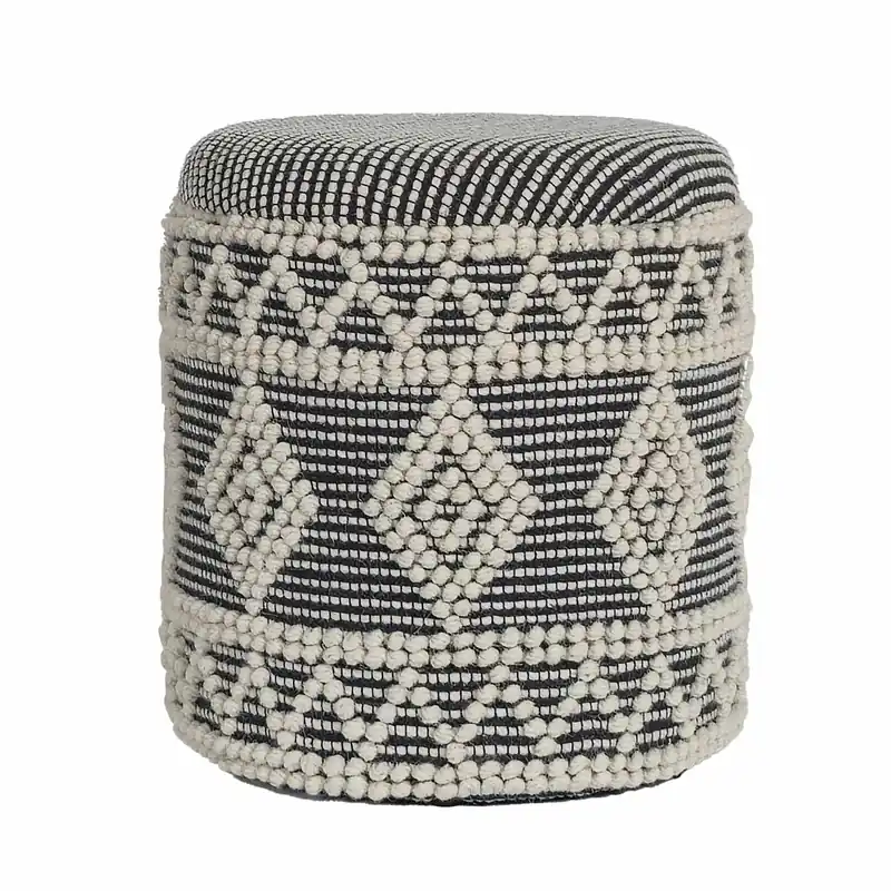 Preis Gesenkt Sitzhocker aus Wolle Ø 40 x 45 cm Grau-Creme Rund Boho Hocker mit Stauraum & abnehmbarem Deckel