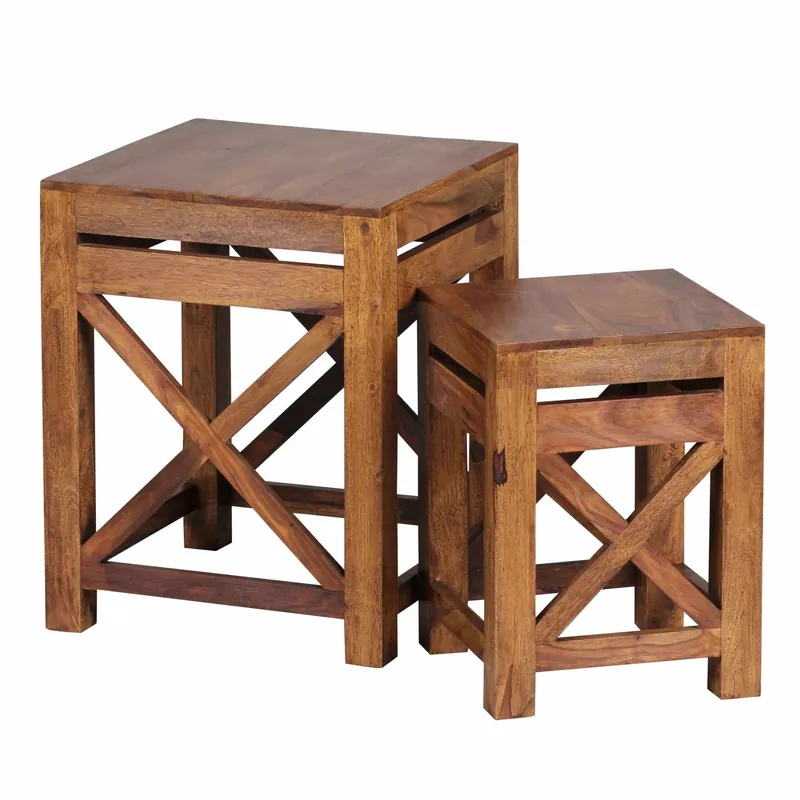 Meistverkauft 2er Set Beistelltisch PALI Massiv-Holz Sheesham Wohnzimmer-Tisch Design dunkel-braun Landhaus-Stil Couchtisch