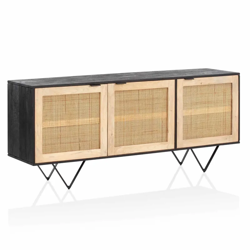 Garantierte Lieferung Sideboard 175x75x45 cm Mango Massivholz / Rattan Kommode mit 3 Türen