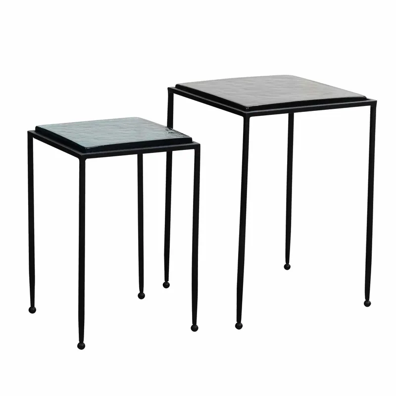 Online Kaufen Beistelltisch 2er Set Blau Schwarz Design Satztisch Glas Metall Eckig