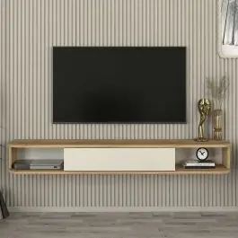 Sale TV-Schrank Cross - 150x30x19cm - schwebend - Eiche Dekor/Weiß